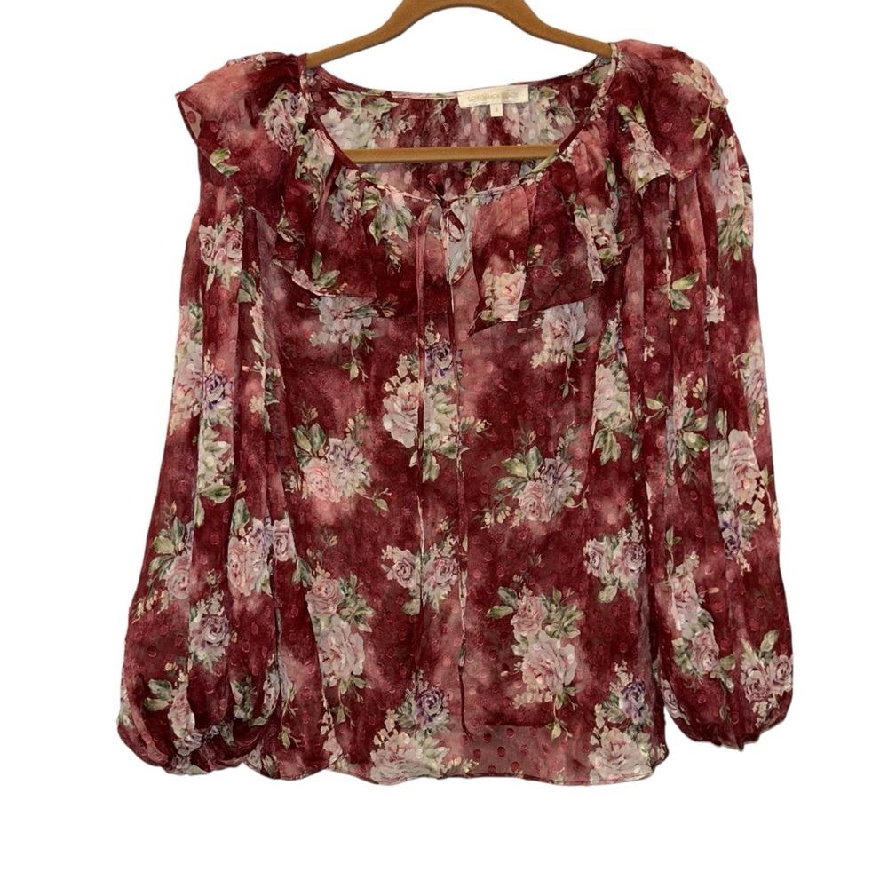 Women's Floral Burgundy Peasant Blouse